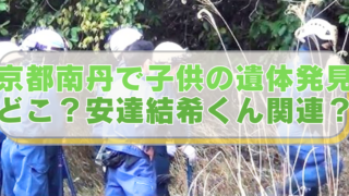 京都府南丹市の山林でで行方不明男児を捜索する人々の画像に「京都南丹で子供の遺体発見　どこ？安達結希くん関連？」のテキスト入り。