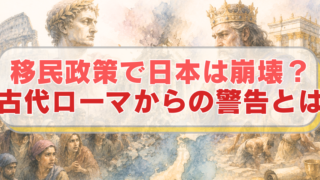 右側に古代ローマ皇帝、左側に古代イスラエルのソロモン王のイラストに「移民政策で日本は崩壊？　古代ローマからの警告とは」のテキスト入り。