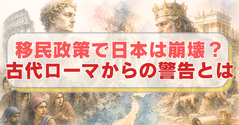 右側に古代ローマ皇帝、左側に古代イスラエルのソロモン王のイラストに「移民政策で日本は崩壊？　古代ローマからの警告とは」のテキスト入り。