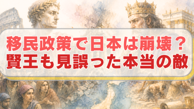 右側に古代ローマ皇帝、左側に古代イスラエルのソロモン王のイラストに「移民政策で日本は崩壊？　賢王も見誤った本当の敵」のテキスト入り。