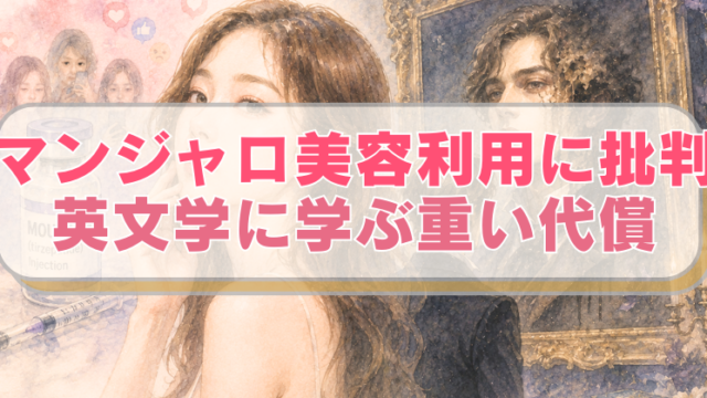 左側にマンジャロを利用する女性、右側に『ドリアン・グレイの肖像』をイメージしたイラストに「マンジャロ美容利用に批判　英文学に学ぶ重い代償」のテキスト入り。