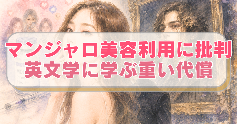 左側にマンジャロを利用する女性、右側に『ドリアン・グレイの肖像』をイメージしたイラストに「マンジャロ美容利用に批判　英文学に学ぶ重い代償」のテキスト入り。