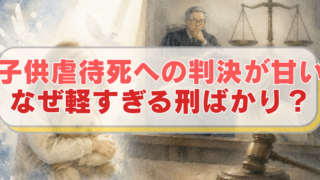 左側に膝を抱えて怯えた様子の子供と、右側に裁判の様子が描かれたイラストに「子供虐待死への判決が甘い　なぜ軽すぎる刑ばかり？」のテキスト入り。