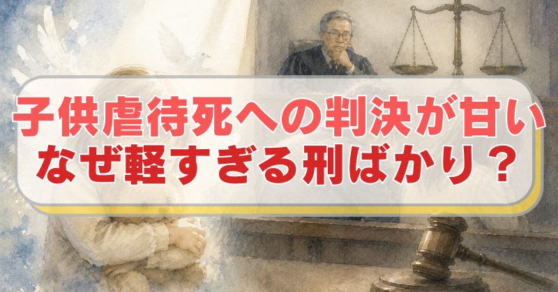 左側に膝を抱えて怯えた様子の子供と、右側に裁判の様子が描かれたイラストに「子供虐待死への判決が甘い　なぜ軽すぎる刑ばかり？」のテキスト入り。