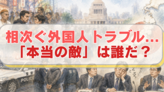 トラブルを起こす移民と国会議事堂、寝ている・議論をしない国会議員のイラストに「相次ぐ外国人トラブル...「本当の敵」は誰だ？」のテキスト入り