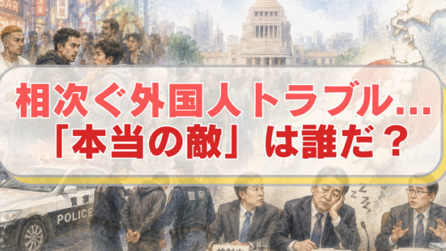 トラブルを起こす移民と国会議事堂、寝ている・議論をしない国会議員のイラストに「相次ぐ外国人トラブル...「本当の敵」は誰だ？」のテキスト入り