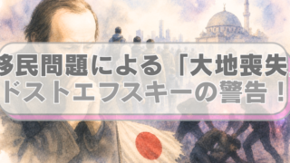 左側にドストエフスキー、右側に違法モスクや外国人犯罪などのイラストが描かれ、「移民問題による「大地喪失」　ドストエフスキーの警告！」のテキスト入り。