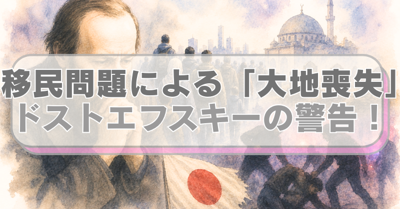 左側にドストエフスキー、右側に違法モスクや外国人犯罪などのイラストが描かれ、「移民問題による「大地喪失」　ドストエフスキーの警告！」のテキスト入り。