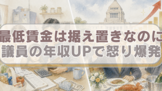 右側に困窮する家庭、左側に贅沢をする国会議員のイラストに「最低賃金は据え置きなのに　議員の年収UPで怒り爆発」のテキスト入り。