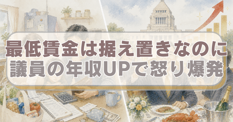 右側に困窮する家庭、左側に贅沢をする国会議員のイラストに「最低賃金は据え置きなのに　議員の年収UPで怒り爆発」のテキスト入り。