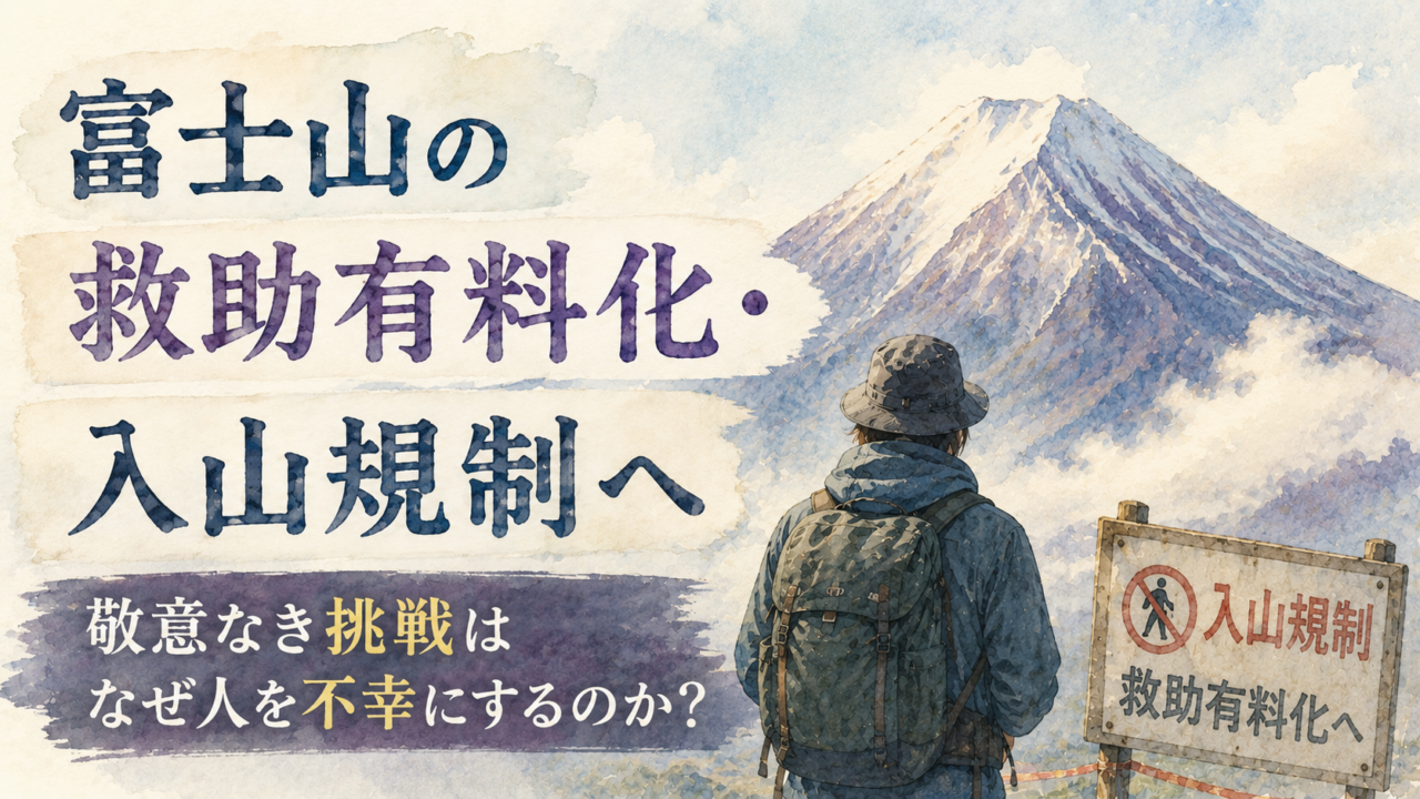 手描き水彩イラスト風の横長アイキャッチ。富士山を前に立つ登山者の後ろ姿と入山規制の看板が描かれている。落ち着いた青灰色の色調で、自然への敬意を失った挑戦がなぜ問題視されるのかを象徴的に表現。救助有料化や入山規制の背景にある「自由と責任」の関係を考えさせるニュース解説風デザイン。