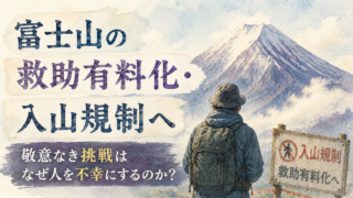 手描き水彩イラスト風の横長アイキャッチ。富士山を前に立つ登山者の後ろ姿と入山規制の看板が描かれている。落ち着いた青灰色の色調で、自然への敬意を失った挑戦がなぜ問題視されるのかを象徴的に表現。救助有料化や入山規制の背景にある「自由と責任」の関係を考えさせるニュース解説風デザイン。