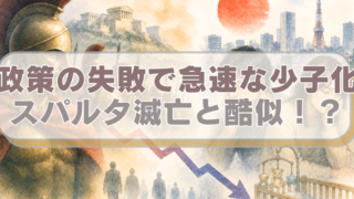 左側に古代ギリシャスパルタの兵士や街並み、右側に少子化をイメージするイラスト。「政策の失敗で急速な少子化　スパルタ滅亡と酷似！？」のテキスト入り。