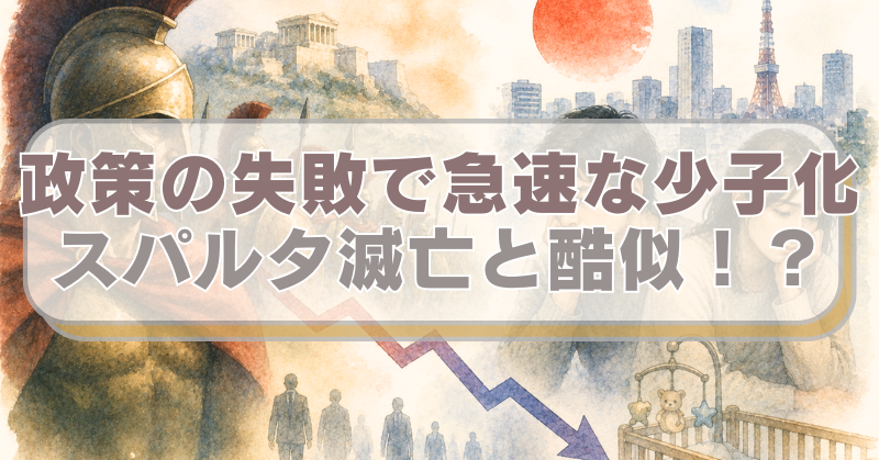 左側に古代ギリシャスパルタの兵士や街並み、右側に少子化をイメージするイラスト。「政策の失敗で急速な少子化　スパルタ滅亡と酷似！？」のテキスト入り。