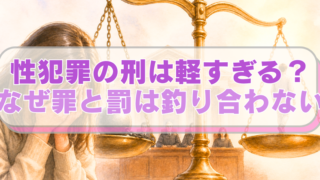 悲しむ女性の背景に、大きな天秤、その後ろに裁判所が描かれたイラストに「性犯罪の刑は軽すぎる？　なぜ罪と罰は釣り合わない」のテキスト入り。