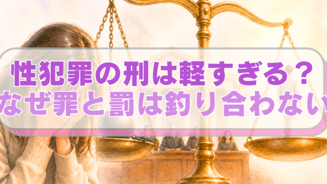 悲しむ女性の背景に、大きな天秤、その後ろに裁判所が描かれたイラストに「性犯罪の刑は軽すぎる？　なぜ罪と罰は釣り合わない」のテキスト入り。