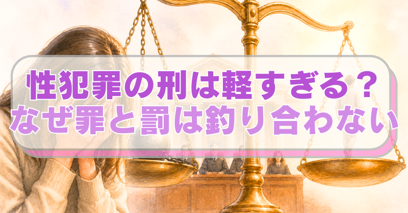 悲しむ女性の背景に、大きな天秤、その後ろに裁判所が描かれたイラストに「性犯罪の刑は軽すぎる？　なぜ罪と罰は釣り合わない」のテキスト入り。