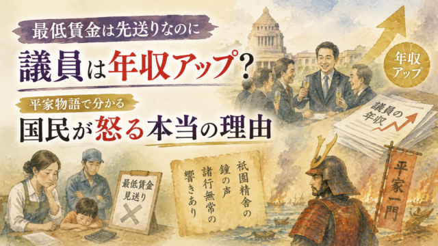手描き水彩イラスト風の横長アイキャッチ。ベージュと淡い金色、紫を基調とした落ち着いた色合いの中、笑顔で集まる政治家たちと、年収アップを象徴する上向きの矢印や書類が描かれている。一方で画面下には、家計に悩む家族と「最低賃金見送り」の立て看板が配置され、生活の厳しさとの対比が表現されている。右下には『平家物語』を象徴する武将や古戦場の風景、古典の一節を思わせる巻物が描かれ、現代の政治と歴史に共通する「民衆との距離」というテーマを象徴している。画像左側には「議員は年収アップ？」「国民が怒る本当の理由」という大きな文字が配置されたニュース解説・歴史考察風デザイン。