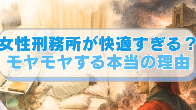 左側に女子刑務所、右側にダンテ『神曲』をイメージしたイラストに「女性刑務所が快適すぎる？モヤモヤする本当の理由」のテキスト入り。