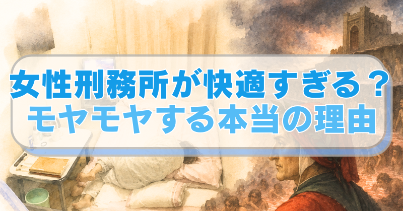 左側に女子刑務所、右側にダンテ『神曲』をイメージしたイラストに「女性刑務所が快適すぎる？モヤモヤする本当の理由」のテキスト入り。