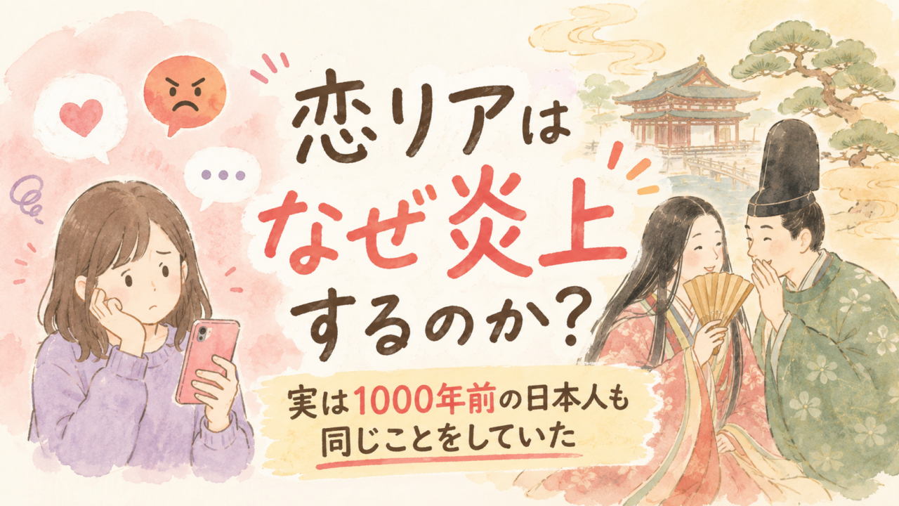 手描き風のやさしい水彩タッチのアイキャッチ画像。左側にはスマートフォンを見ながら困った表情をする現代の女性、右側には平安時代風の男女がひそひそと話す様子が描かれている。中央に大きく「恋リアはなぜ炎上するのか？」、下部に「実は1000年前の日本人も同じことをしていた」という文字が配置され、現代の恋愛リアリティ番組の炎上と昔の人々の噂話文化を対比して表現している。