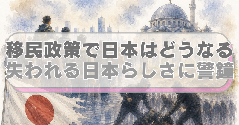 違法モスクや許可のない土葬、外国人犯罪などのイラストが描かれたイラストに、「移民政策で日本はどうなる？　失われる日本らしさに警鐘」のテキスト入り。