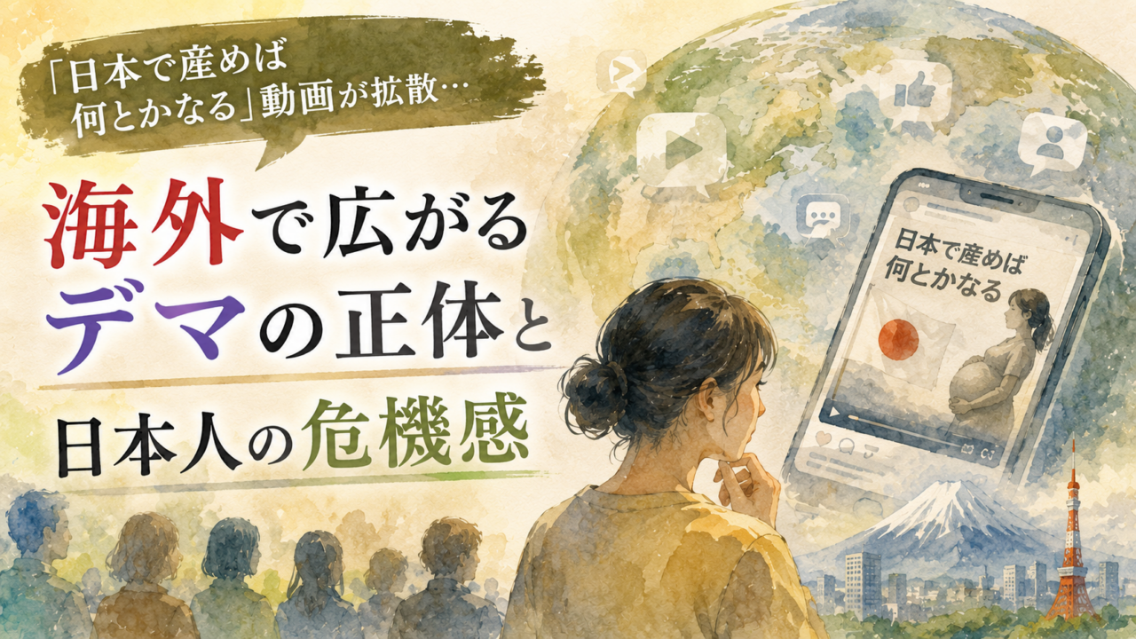 手描き水彩イラスト風の横長アイキャッチ。淡いベージュとオリーブグリーンを基調とした落ち着いた色合いの中、スマートフォン画面に映る海外の女性と、それを見つめながら考え込む人物が描かれている。背景には地球やSNSを象徴するアイコンが淡く浮かび、情報が国境を越えて拡散する様子を表現している。画面下には人々のシルエットと日本の風景が描かれ、海外で広がる情報と日本社会の不安や危機感のつながりを象徴している。画像左側には「海外で広がるデマの正体」と「日本人の危機感」という大きな文字が配置されたニュース解説風デザイン。