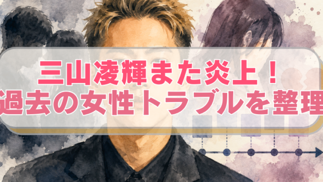 三山凌輝のイラストに「三山凌輝また炎上！過去の女性トラブルを整理」のテキスト入り。