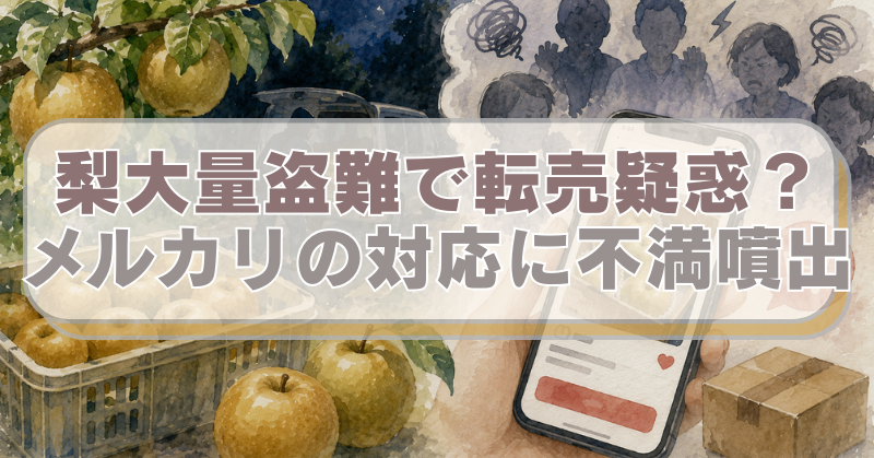 左側には深夜に梨を窃盗する様子、右側にメルカリで転売する画面が表示されたスマホのイラストに「梨大量盗難で転売疑惑？　メルカリの対応に不満噴出」のテキスト入り。