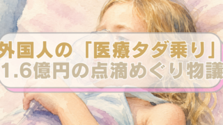 外国人の子供の患者が点滴を受けてベッドで寝ている、水彩画風イラストに「外国人の「医療タダ乗り」　1.6億円の点滴めぐり物議」のテキスト入り。
