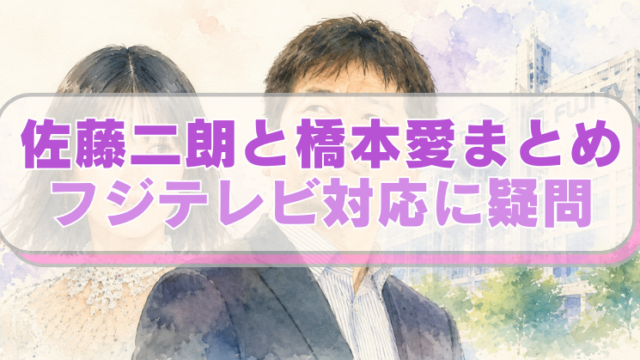 佐藤二朗、橋本愛、フジテレビ本社のイラストに「佐藤二朗と橋本愛まとめ　フジテレビ対応に疑問」のテキスト入り。