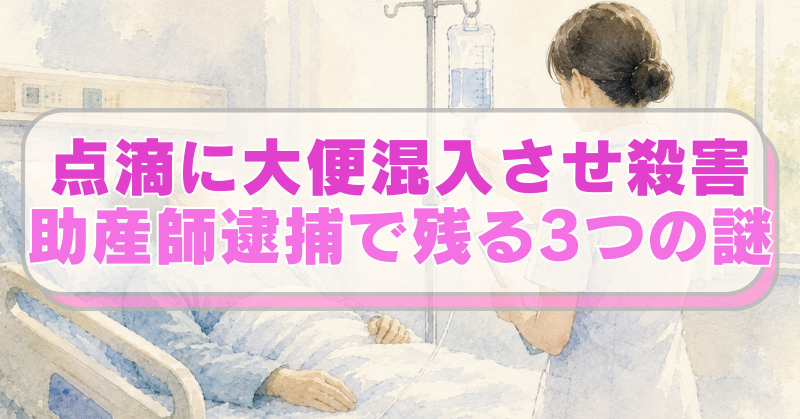 病院で点滴を受ける患者（老人、男性）と看護師（女）のイラストに「点滴に大便混入させ殺害　助産師逮捕で残る3つの謎」のテキスト入り。