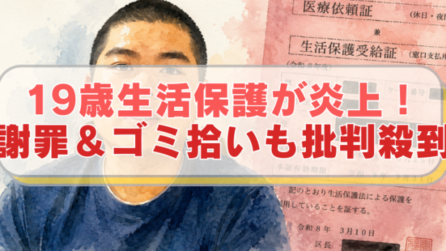 生活保護に関する動画で炎上したマルコロンのイラスト「19歳生活保護が炎上！謝罪＆ゴミ拾いも批判殺到」のテキスト入り。