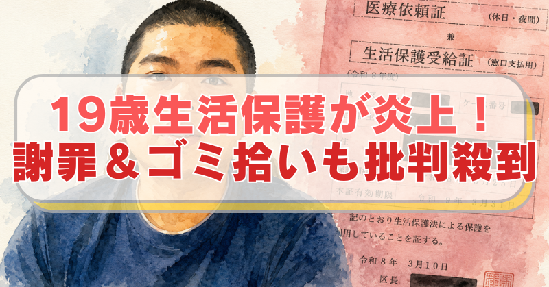 生活保護に関する動画で炎上したマルコロンのイラスト「19歳生活保護が炎上！謝罪＆ゴミ拾いも批判殺到」のテキスト入り。
