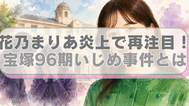 花乃まりあと宝塚音楽学校の校舎のイラストに「花乃まりあ炎上で再注目！宝塚96期いじめ事件とは」のテキスト入り。