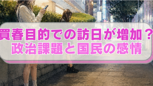 歌舞伎町の立ちんぼ（売春の客待ちをする若い女性）のイラストに「買春目的での訪日が増加？　政治課題と国民の感情」のテキスト入り。