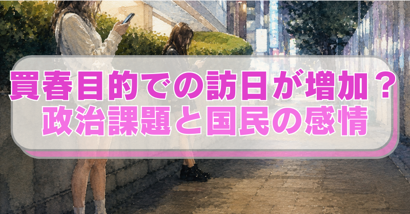 歌舞伎町の立ちんぼ（売春の客待ちをする若い女性）のイラストに「買春目的での訪日が増加？　政治課題と国民の感情」のテキスト入り。