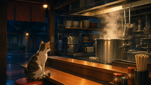 夜のラーメン店の厨房と湯気の立つ寸胴鍋、カウンター席に座る一匹の猫