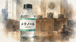 法廷とメタノールの瓶を描いた水彩画