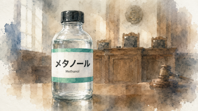 法廷とメタノールの瓶を描いた水彩画