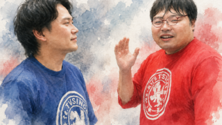 赤いシャツと青いシャツを着た2人が向かい合って話している水彩画