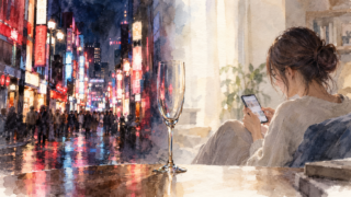 夜のネオン街と、昼の部屋でスマホを見る女性を並べた水彩画