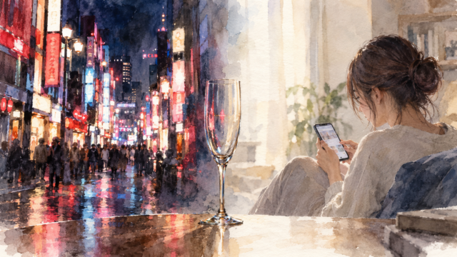 夜のネオン街と、昼の部屋でスマホを見る女性を並べた水彩画