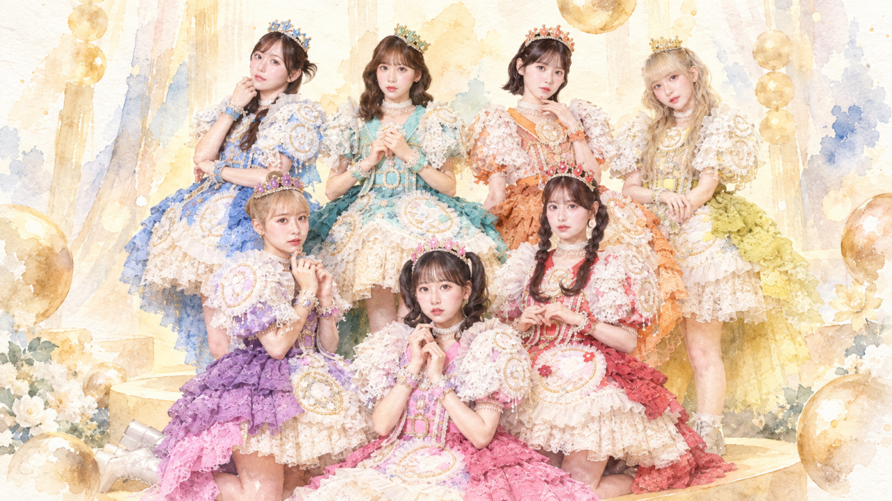 FRUITS ZIPPER（ふるっぱー）のメンバー7人を描いた水彩画