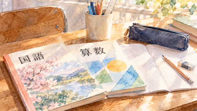 机の上に並んだ国語と算数の教科書と方眼ノートの水彩画