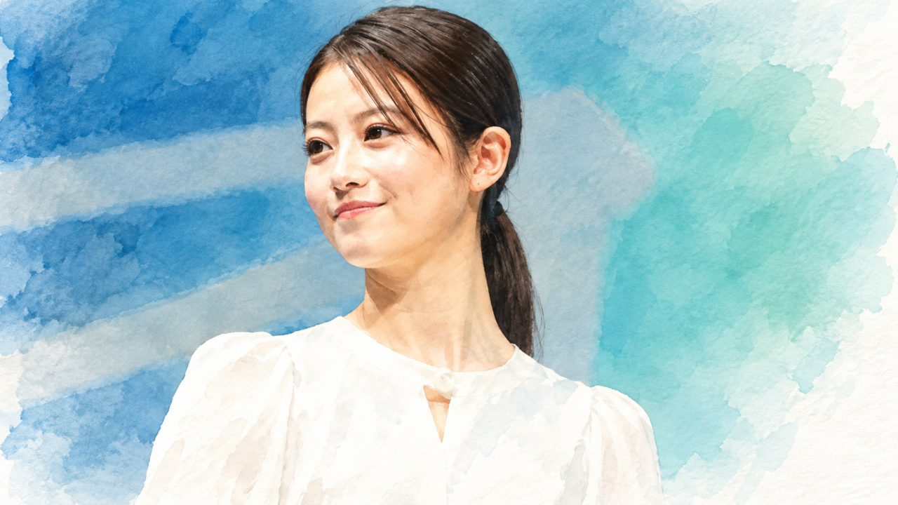 白いブラウスで穏やかにほほえむ今田美桜の水彩画