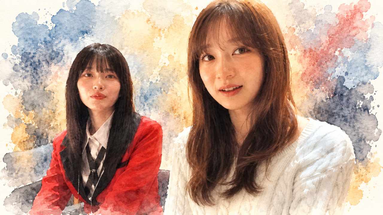 並んで座る今森茉耶と、赤い制服姿の加藤神楽の水彩画