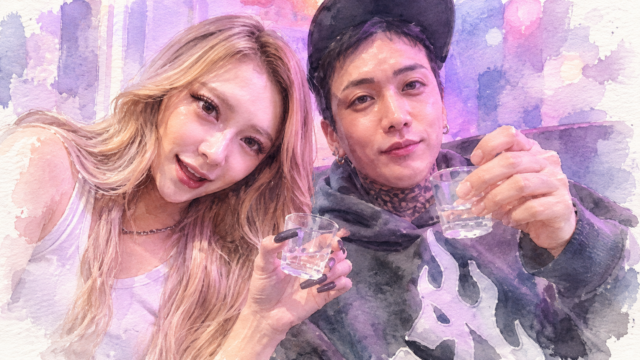 ラヴ上等2のかずくんとるるがグラスを手に並ぶ水彩イラスト