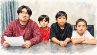 収益化の再審査の結果を報告するしょうやん男三兄弟の水彩画