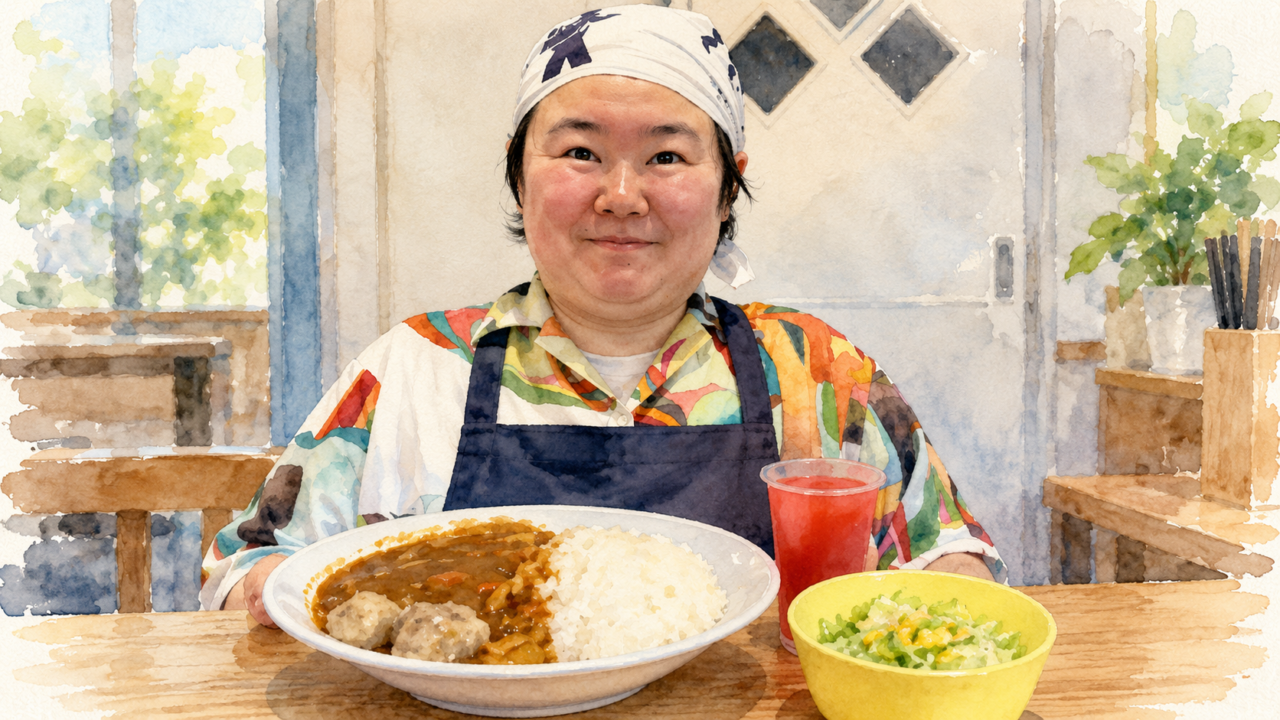 子ども食堂でカレーとサラダを前にほほえむエプロン姿のやす子の水彩イラスト